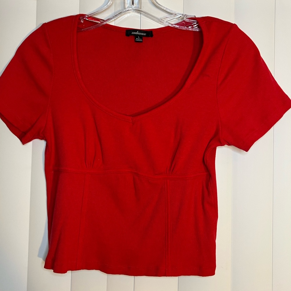 Ambiance Red Fitted Crop T-Shirt Short Sleeve
